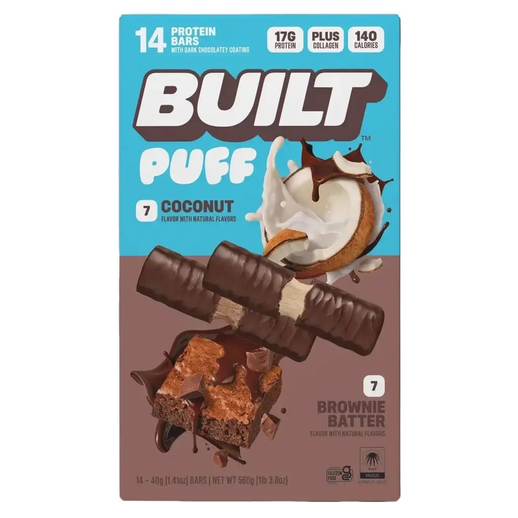 Built Puff Healthy Protein Bars Variety Pack - Coconut, Brownie Batter Flavors, 14 Bars, Collagen Peptides, 560g Ambient Snacks for Adults, Nutritious On-the-Go Treats