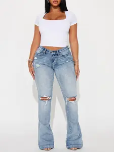 Women's Key Figure Ripped Stretch Flare Jeans Medium Wash Bottoms 5 Pocket High Stretch 9.5" Mid Rise 34" Inseam Plus Sizes - Cotton