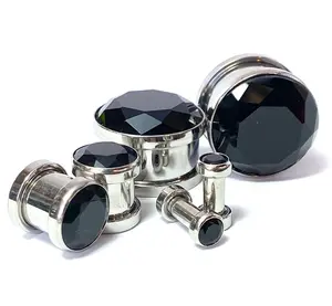 PAIR Large Black Gem Screw Fit Tunnel Plugs Gauges Pierced Body Jewelry Piercing