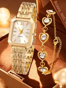 2-piece elegant ladies' watch gift set, fashionable, romantic, luxurious heart bracelet jewelry paired with palace style quartz watch, classic retro rectangular dial, comfortable alloy strap, perfect gift for family and friends