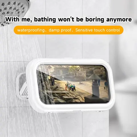 Wall-Mounted Rotatable Mobile Phone Holder Stand - IPX6 Protection Thick ABS Plastic Waterproof Bath Accessory, 480° Angle Adjust, Anti-Fog Full Touchscreen Case, Compatible with 4-7 in Cellphones