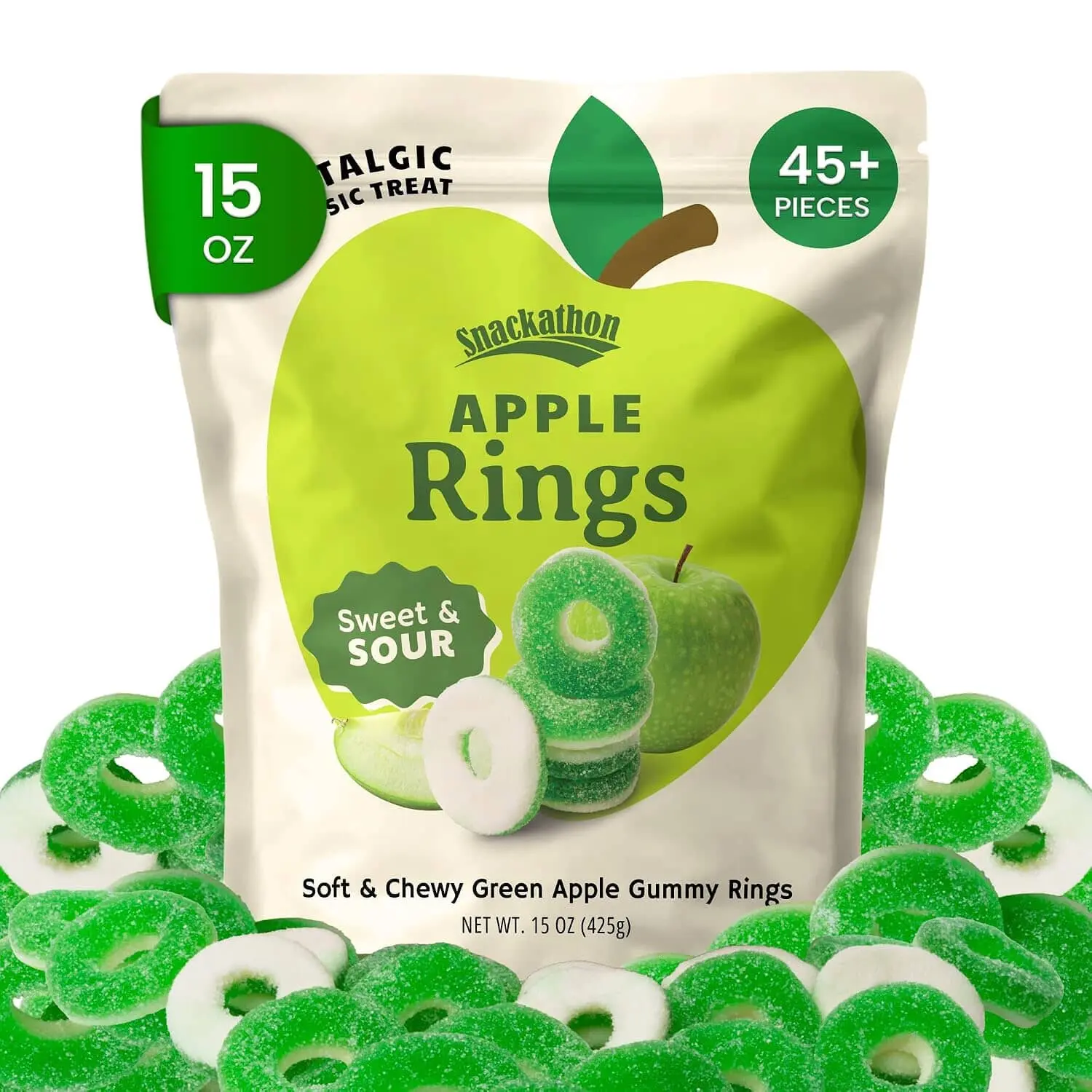 Snackathon Apple Rings Gummy Candy, Soft & Chewy Green Gummies, Resealable Bag, Classic Sweet & Sour Sugar-Coated Gummy Rings, Gluten-Free, For Chamoy Treats, Parties, Buffets & Snacking