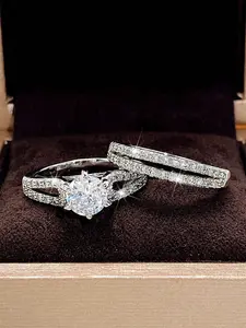 2 Pcs/Set Classical Cubic Zirconia Ring Set Beautiful Rings For Women Bridal Ring Sets Engagement Rings For Wedding Engagement Anniversary Party Band Jewelry Valentine's Day Gift