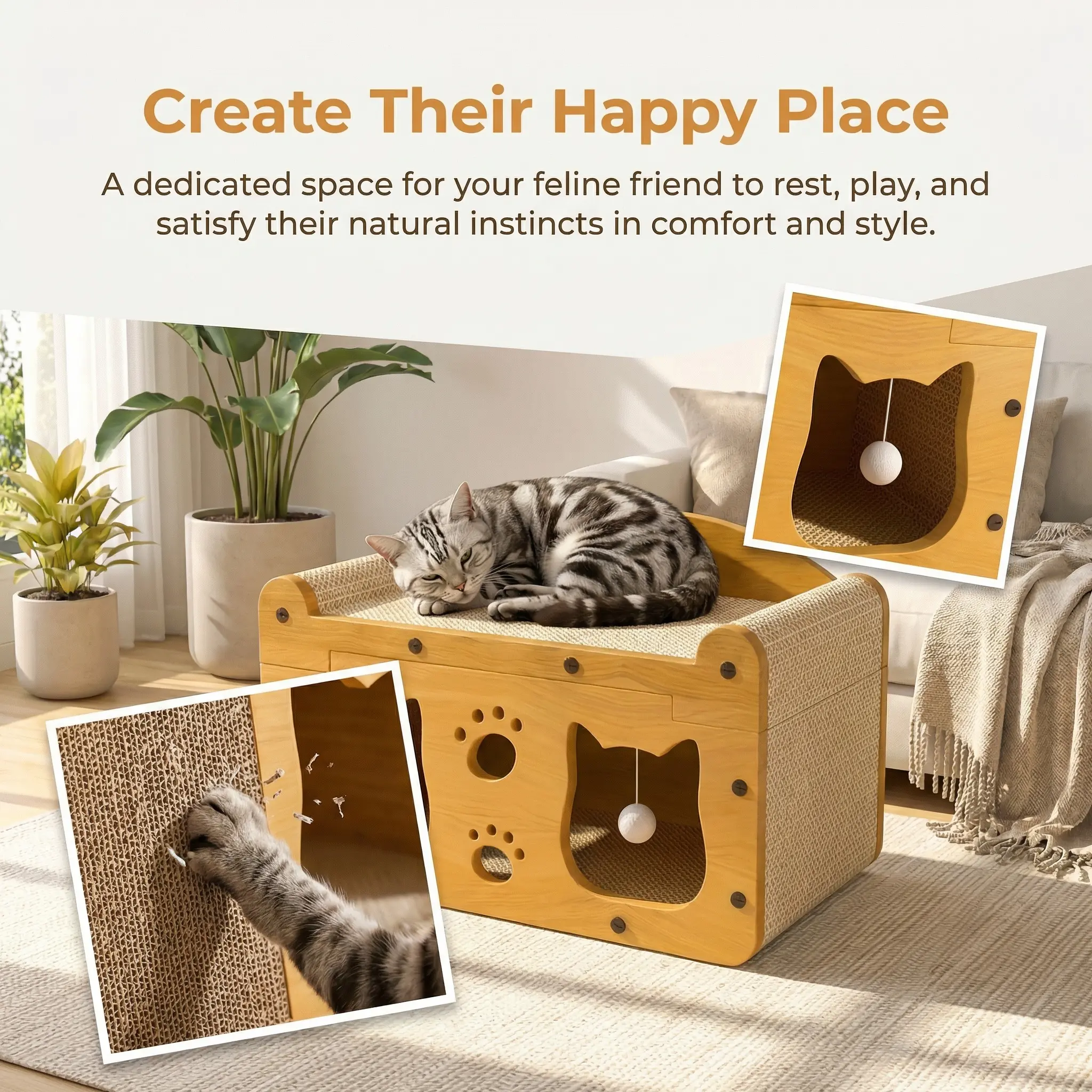 Durable Vertical Cat Scratching Post & Playhouse - Multi-Functional TV Design, Scratch-Resistant Cat Claw Toy for Active Kittens and Cats