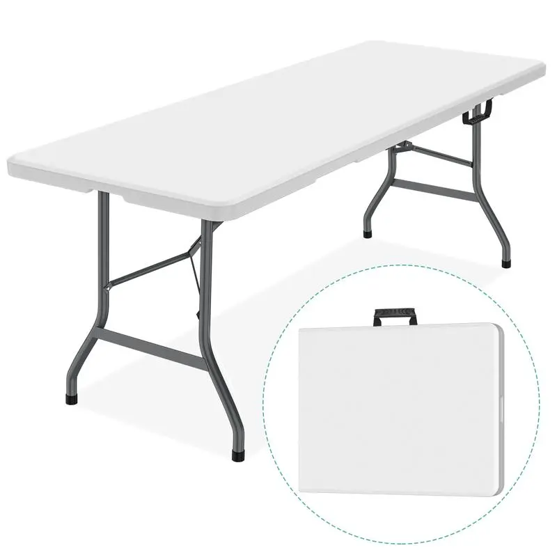 6ft Wide Folding Rectangle Garden Table - White Commercial Heavy-Duty Home Supply with Curved Alloy Steel Legs, Built-In Carrying Handle, Fold-Half Storage for Indoor/Outdoor Wedding Parties, Dining Events, Folding Table, Easy Carry