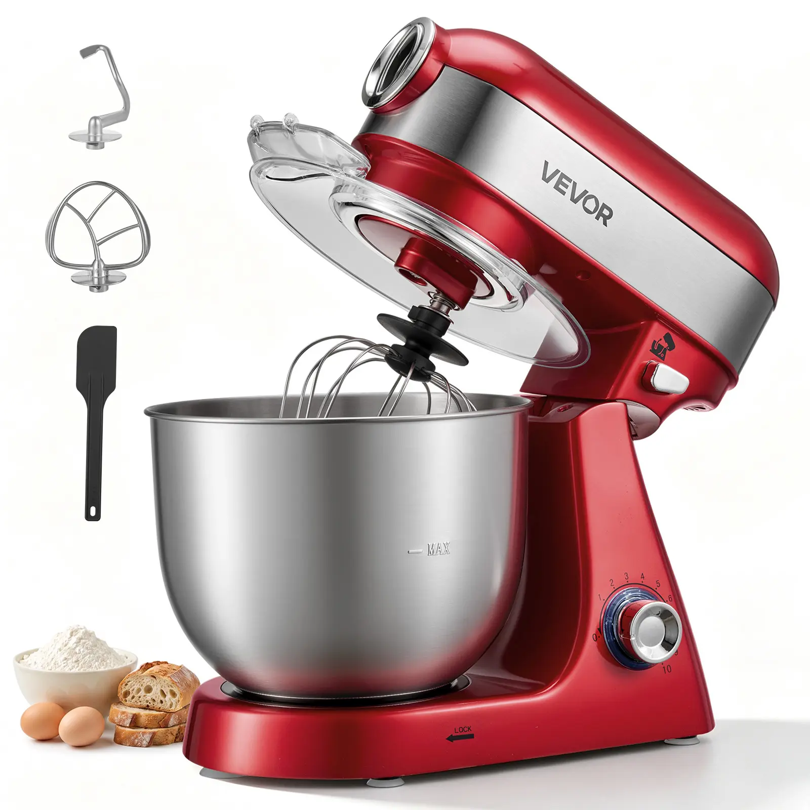 VEVOR 5.3 Qt Tilt Head Stand Mixer 400W Electric Dough Mixer, 10 Speeds Food Kitchen Mixer with Stainless Steel Bowl, Splash Guard, Dough Hook, Whisk, Beater, for Baking Mixing