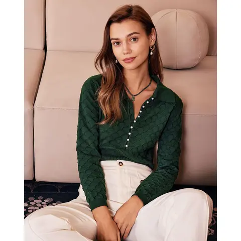 RIHOAS Women's 100% Cotton Ribbed Knit Blouse - Slim-Fit Long-Sleeve, Lapel Collar, Button Front Basic Top for Capsule Wardrobe (Natural Fabric, 100% Cotton, Buttoned, Fitted Long Sleeve Blouses & Shirts), Basic Tops