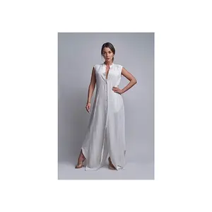 White Plain Linen Cotton Dress with Pockets & Belt - Summer & All Seasons Casual Wear for Women