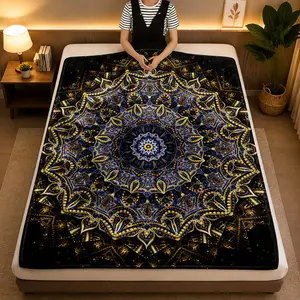 Mandala-Patterned Blanket with Intricate Gold Design—A Lightweight, Versatile Throw Suitable for Sofas, Beds, Travel, Camping, Living Rooms, Offices, Seating Areas, and More. Crafted from Soft, Warm Fabric and Produced Using Digital Printing Technology.