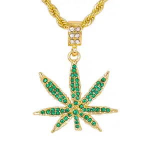 Men's Marijuana Weed Leaf CZ Iced Bling Pendant & 4mm 24" Rope Chain Hip Hop Fashion Necklace Jewelry