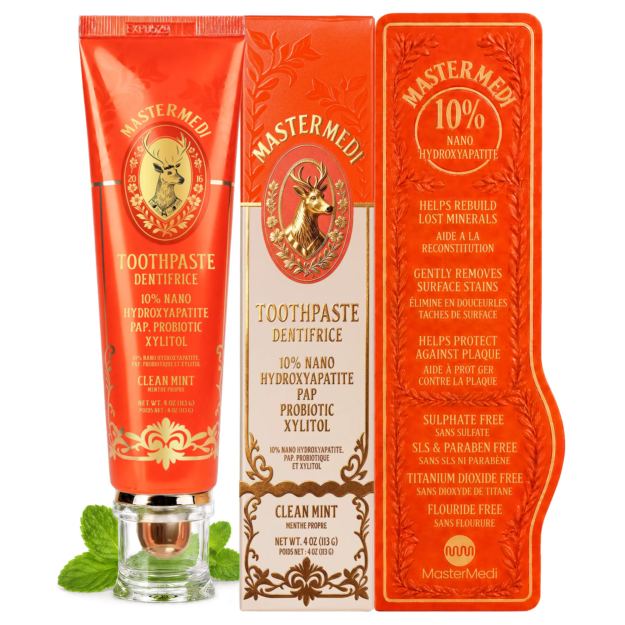 MasterMedi 4-in-1 Formula with 10% Nano Hydroxyapatite Toothpaste (nHA), Probiotic, PAP & Xylitol. Fluoride & SLS Free. Whitening and Enamel Support, Gentle for Sensitive Teeth  – Fresh Mint