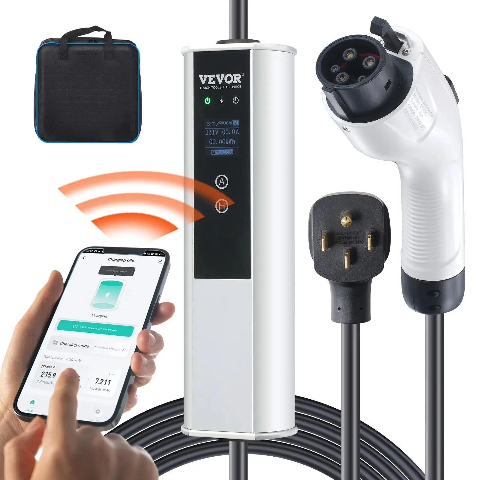 【Summerfinds】VEVOR Level 2 Portable EV Charger,40A 240VElectric Vehicle Charger with 25 ft Charging Cable NEMA 14-50P Plug40A/32A/24A/16A Adjustable Current Plug-in Home EV Charging Station for SAE J1772 EVs, Upgraded Charger, Smart Charger