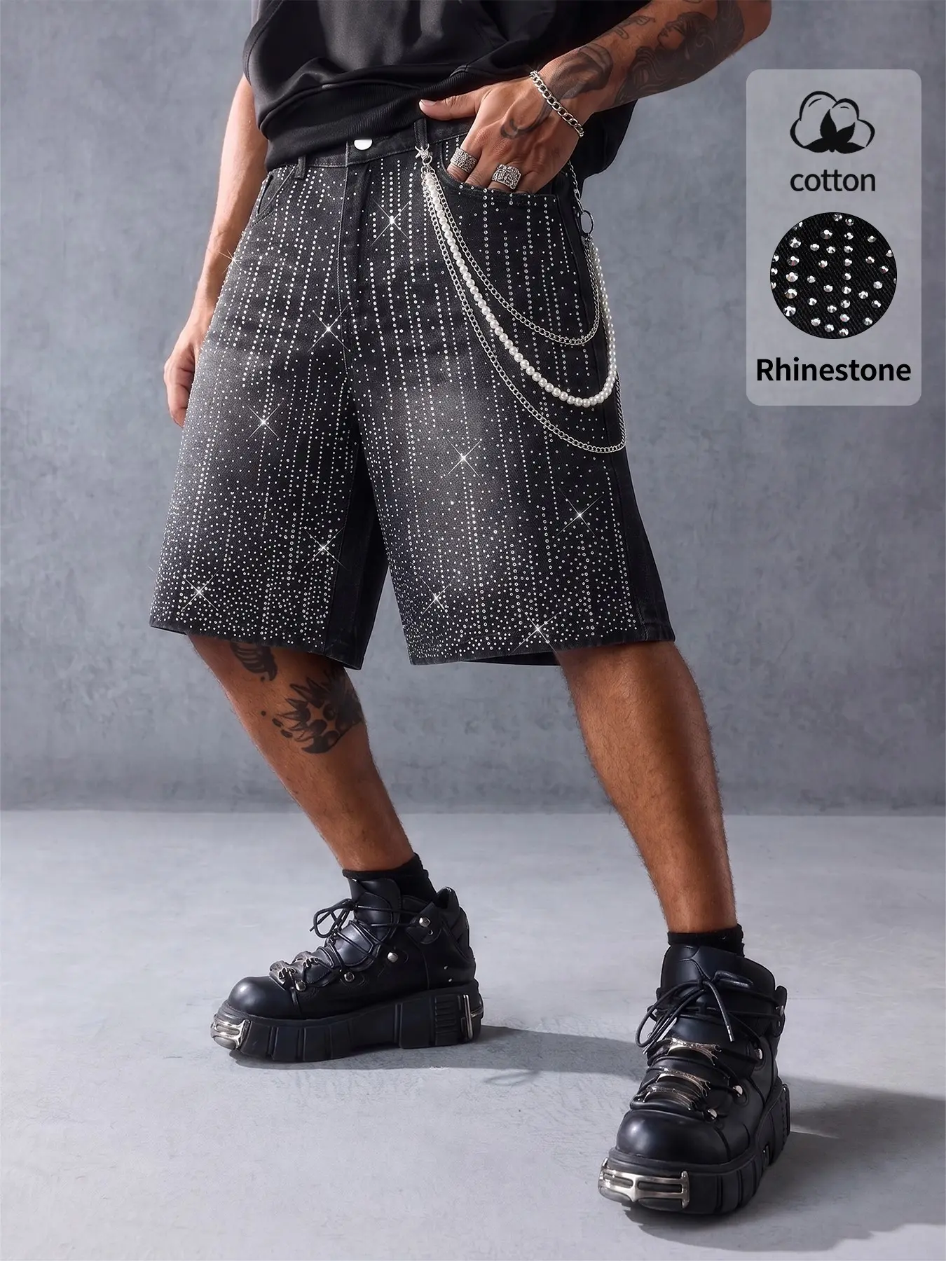 Men's Shiny Sparkling Rhinestones Jean Shorts, Summer Loose Fit Knee-Length Pants, Casual Street Style, Pearl Chain Gift Included