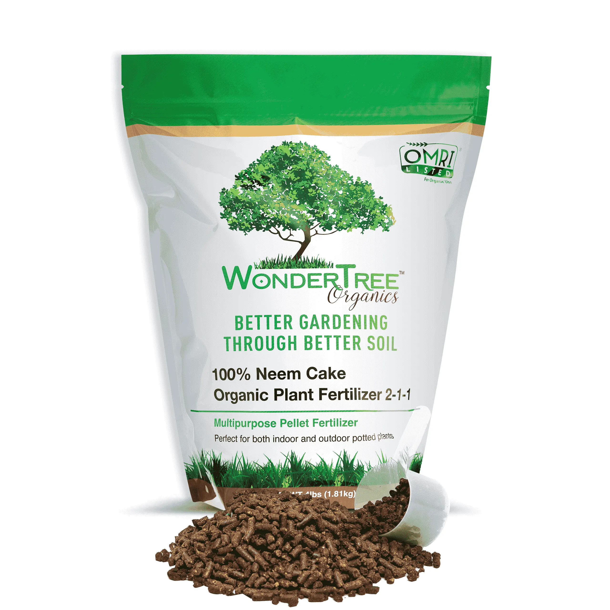 WonderTree Organics Neem Cake Fertilizer 2-1-1 (4 lb) – Organic Plant Food, Soil Enhancer, Slow Release Pellets for Indoor & Outdoor Plants, Garden & Lawn Care