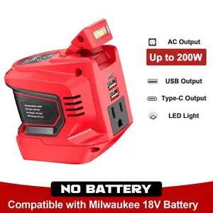 200W Power Inverter Compatible with Milwaukee 18V Battery, Battery NOT Included, DC 18V to AC 110V~120V Battery Inverter, Portable Power Station Generator with 2 USB Ports & 1 Type-C & 1 AC Outlet