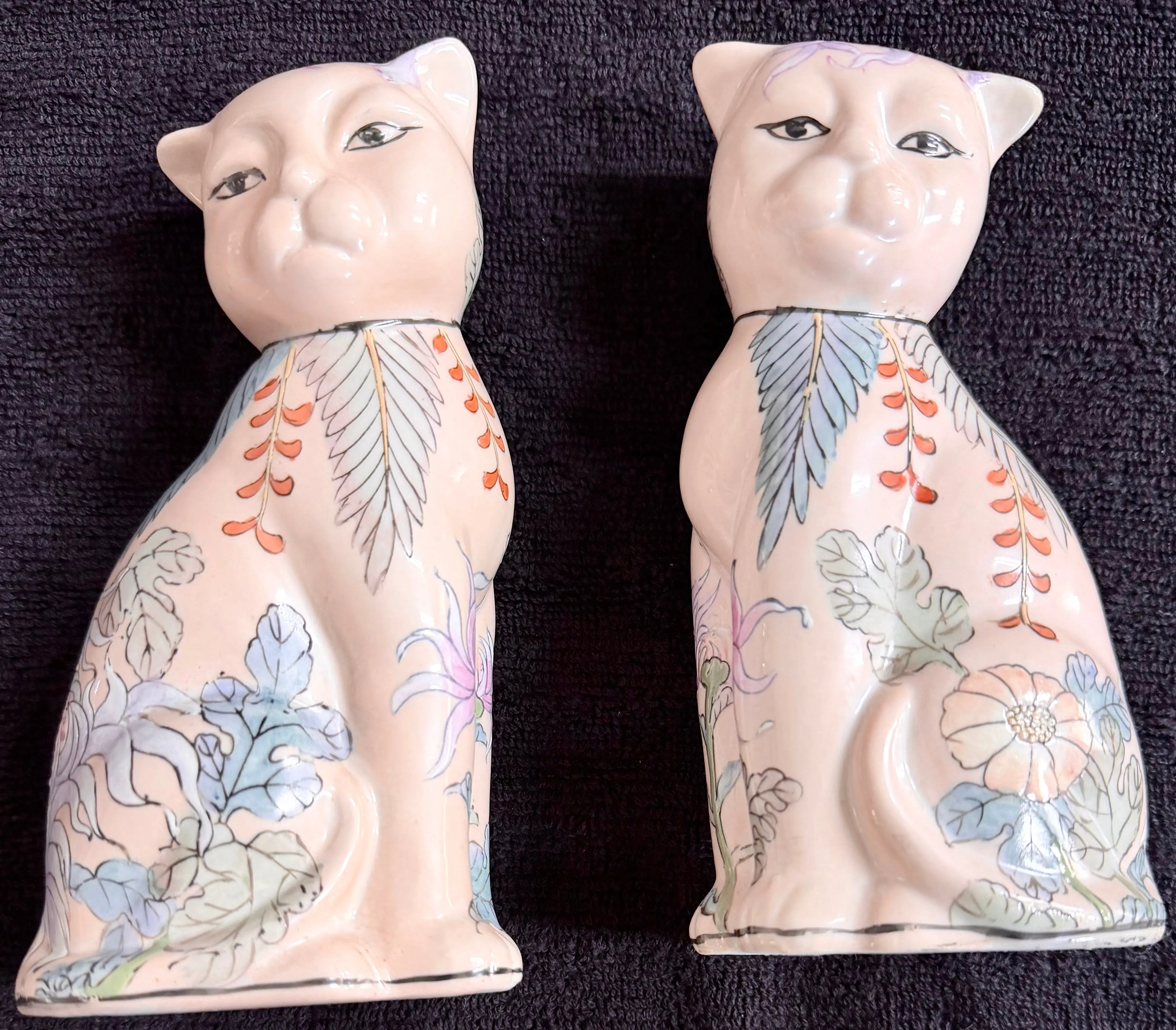 Vintage Chinese Hand-Painted Ceramic Cat Figurines — Floral Botanical Motif, Matched Pair