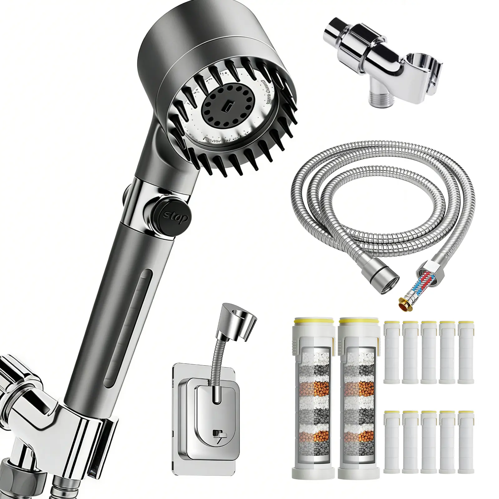 Mankoda Modern Round Filtered Shower Head with Handheld, High-Pressure Ion Shower Heads for Hard Water - 4 Spray Modes All-Included Combo, 12 Replacement Filters, 78" Heat-Resistant Extra Long Hose & Adjustable Bracket