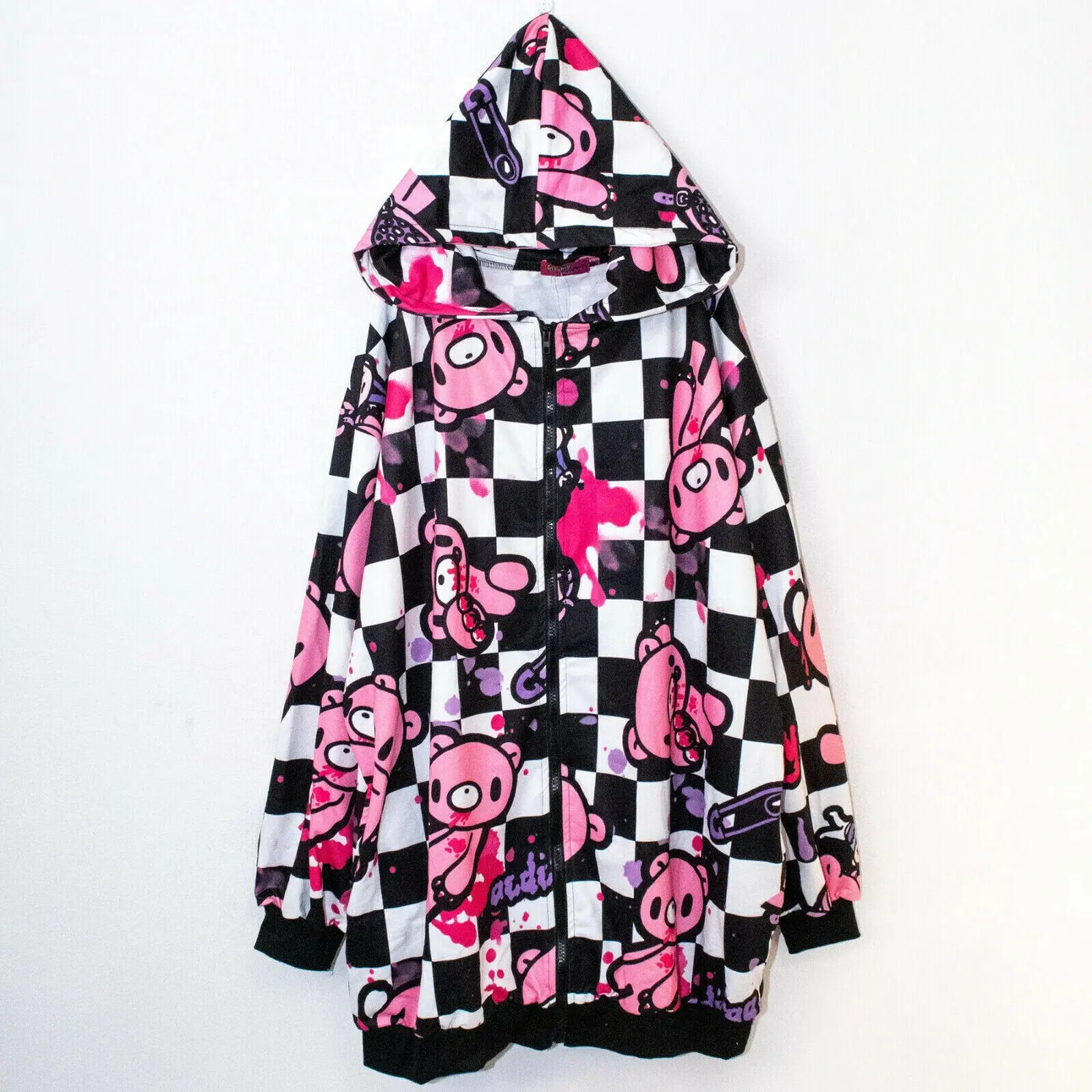 Gloomy Bear Hoodie XL - Oversized Plaid Design for Women's Casual Wear Goth Emo Punk Raver Skater Style Pullover Long Sleeve Tops