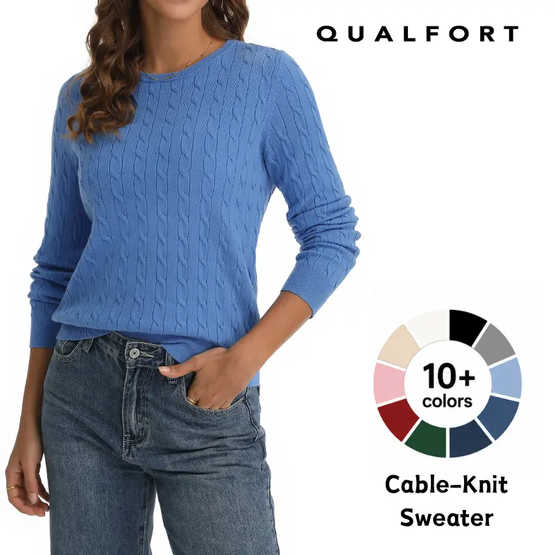 QUALFORT Women's Knitting Pullover Top - Lightweight Long-Sleeves Crew/Round Neck, Soft Viscose Blend Loose-Fit, Everyday Wear & Work Tops for All Seasons