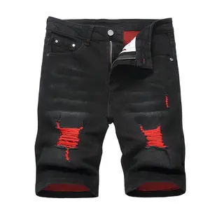 JUNBAOSS Men's Slim Fit Stretch Denim Shorts Ripped Skinny Jean Shorts for Men Fashion Straight Comfort Flex Waist Short Jean Menswear Trouser Street Style Classic with 5 Deep Pockets and Red Distressed Design Personalized Hipster tiktokshopspringglowup