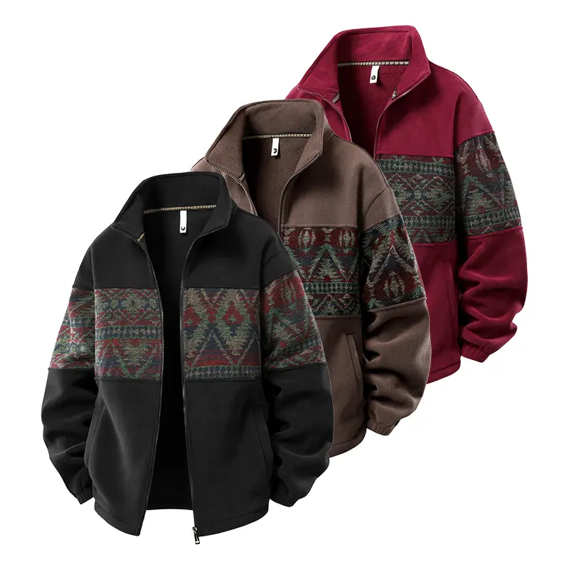 Men's Ethnic Pattern Full-Zip Knitwear Cardigan Sweatshirt - Menswear Long-Sleeve Stand-Collar Fleece-Lined Warm Loose Jacket, Autumn/Winter Everyday Streetwear Top, S-4XL