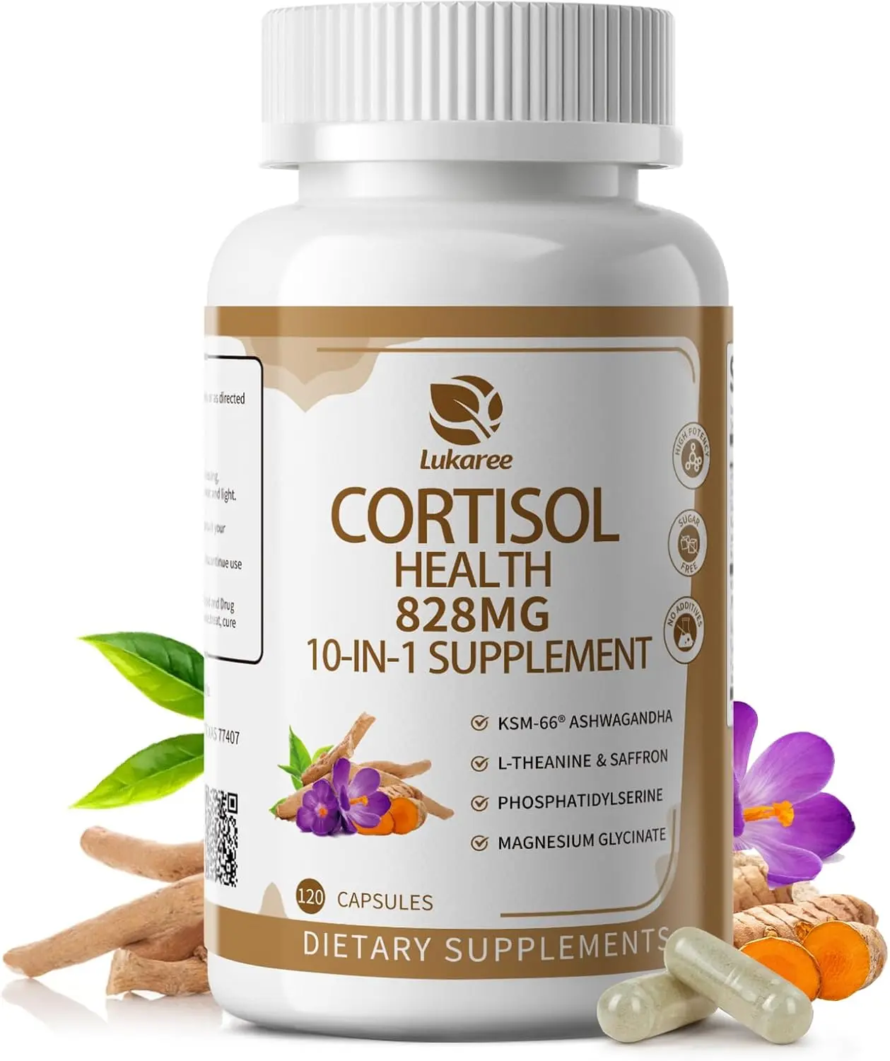 Lukaree Cortisol Supplements for Women and Men, with KSM-66Ashwagandha | 10-IN-1 Cortisol Reducer with L-Theanine, Magnesium, Saffron & Phosphatidylserine, GMP Quality, 120 Capsules, 60-Day Supply