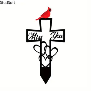 Metal Cross Memorial Stake with Red Cardinal, Miss You Sympathy Grave Marker for Cemetery, Garden, Yard Metal Cross Memorial Stake with Red Cardinal, Miss You Sympathy Grave Marker for Cemetery, Garden, Yard