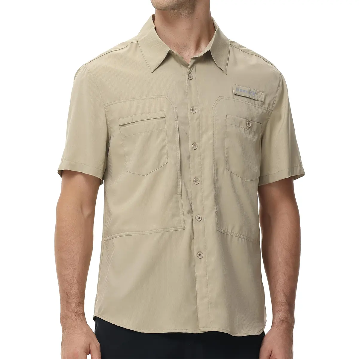 Men's Short Sleeve Casual Outdoor Shirt - UPF 50+ Sun Protection, Basic Style, Built for Fishing Hiking Work, Mesh-Lined Vents, Easy Movement, Zip Pocket, Lightweight Button-Down Top (Beige, Khaki)
