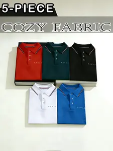 Men's New Knitted Polo Shirt Set, Business Casual, Tops, Business Trend, Summer Skin-Friendly Soft, Classic Collar Blue Trim, Fashion Paris Print, Breathable Comfort Fabric