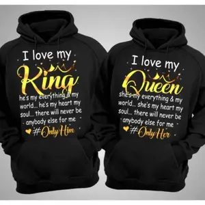 180g【100%cotton】I Love My King Queen Couple Matching Shirt Graphic Couple Hoodies Casual Fleece Fabric Pullover for Women for Men, Menswear Cotton Unisex Apparel Day Valentine Personalized
