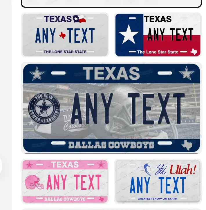 Custom license plates for the state of Texas, for cars, motorcycles, ATVs, and electric bikes.