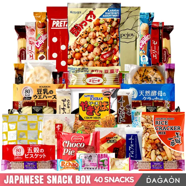 Japanese Snack Box - 40-Count. Dagashi Variety Pack with Biscuits, Cookies, Pies, Crackers, Candies & Ramen, Assorted Appetizing Snacks for Sharing, Gifting & Any Occasion.