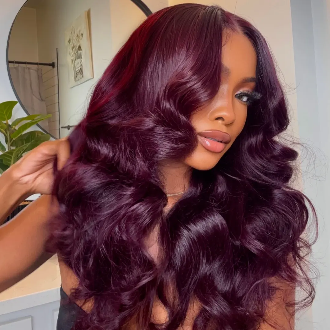 UNice Glueless Human Hair Lace Frontal Wig - 13x4/7x5 Lace Closure, Black Cherry Loose Beach Waves, Drawstring, Adjustable Strap, Natural Hairline, Beginner-Friendly Ready-to-Wear Wig, Human Hair Wigs