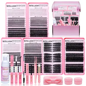 RITALASH 960/744pcs D Curl Christmas Gift Cluster Lash Kit DIY Eyelash Extensions Long Individual Lashes Mixed Tray Lash Clusters Extensions DIY Cluster Lash at Home with Bond and Seal Applicator Cluster Lash Remover and Lash Curler