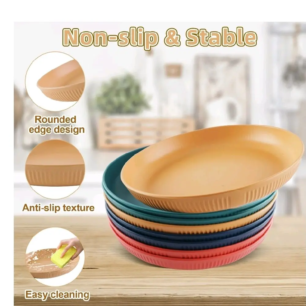 Aovky Non-slip Stable Wheat Straw Plates 8 Pcs 9-inch Lightweight Unbreakable Reusable Microwave Dishwasher Safe Colorful Durable Easy Cleaning Set Dinnerware