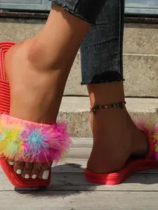 Women's Fashionable Outdoor Faux Turkey Feather Slippers, Stylish Lightweight Summer Sandals, Comfortable Casual Footwear, Design
