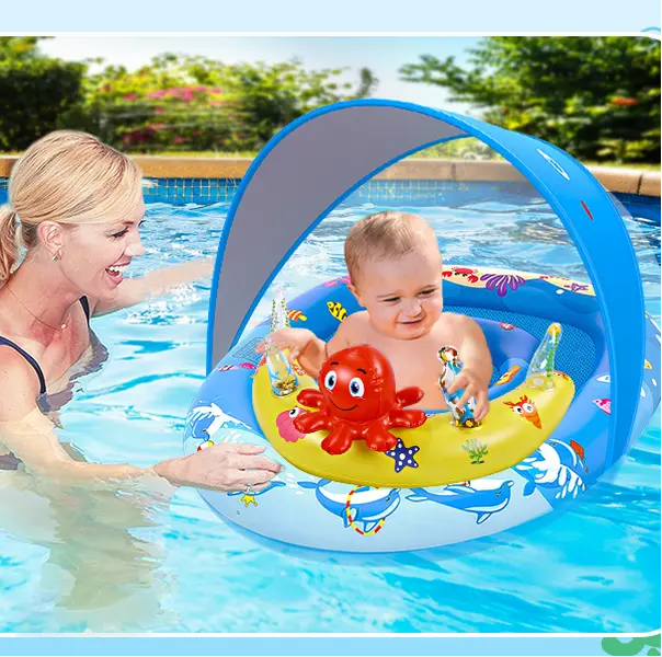Moosia Baby Pool Float UPF50+ Sun Protection with Cute Animal Toys, Adjustable Safety Seat, Inflatable Infants Pool Float for Babies 6-36 Months, Fun Water Toys, Summer Gifts