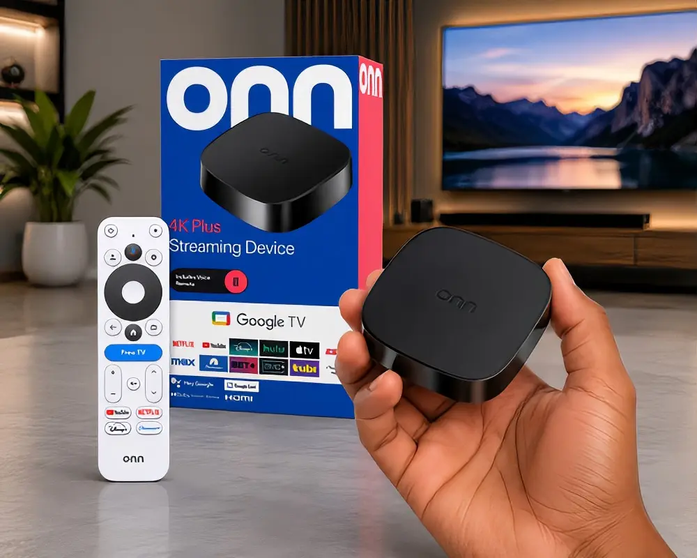 ONN 4K Plus Streaming Device with Google TV Support and Remote Control for Enhanced Entertainment Experience