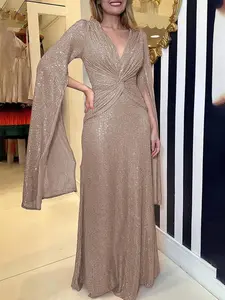 Women's Sequins V Neck Cape Sleeve Dress, Elegant Long Sleeve Dress for Party Evening Formal Occasions, Ladies' Clothes for Summer, Formal Wear