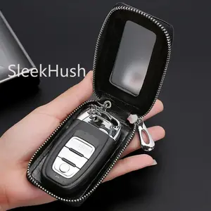 SleekHush Premium Mirror-Style Zipper Car Key Holder Bag Universal Fit for Most Car Models Genuine Leather Key Fob Pouch with Transparent Window & 360-Degree Hook Black