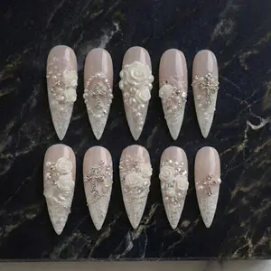 White Lace Cross 3D Rose Press On Nails | Pearl Rhinestone Bridal Gothic Stiletto Set | Elegant Wedding Statement Nails