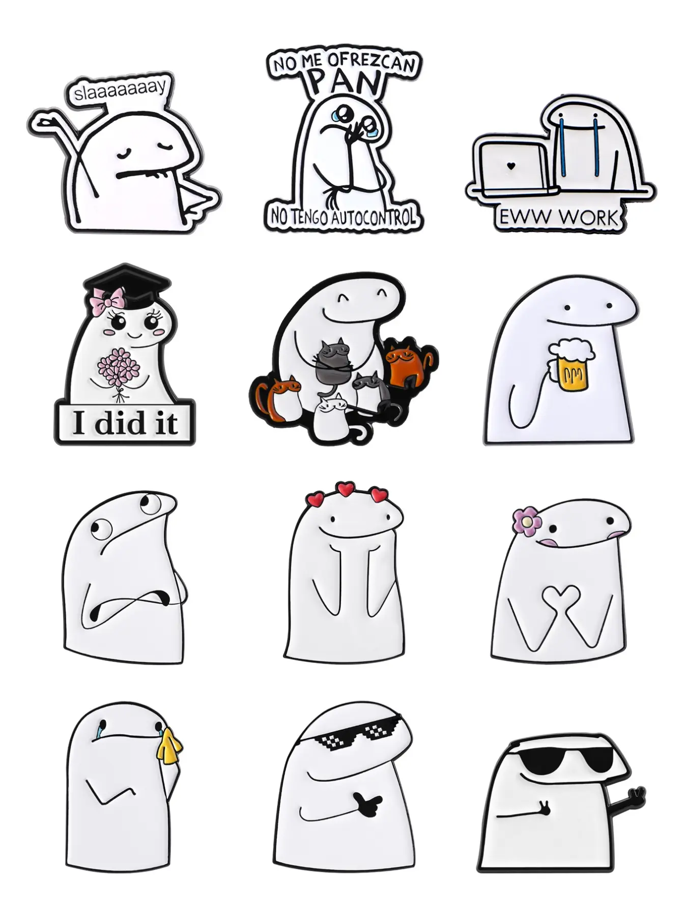 12 Pcs Cartoon Badges Diverse Lifestyle Themed Brooch Set Confidence Foodie Work Mood Cat Lover Emotional Design for Daily Expression and Gift Collection Alloy Brooch Pin Fashion Accessory
