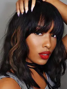 Short Bob Wavy Wig with Bangs for Women，Synthetic Shoulder-Length Black Mixed Brown Wigs, Glueless Wigs for Daily Vintage and Costume Party Use（14 Inch）.