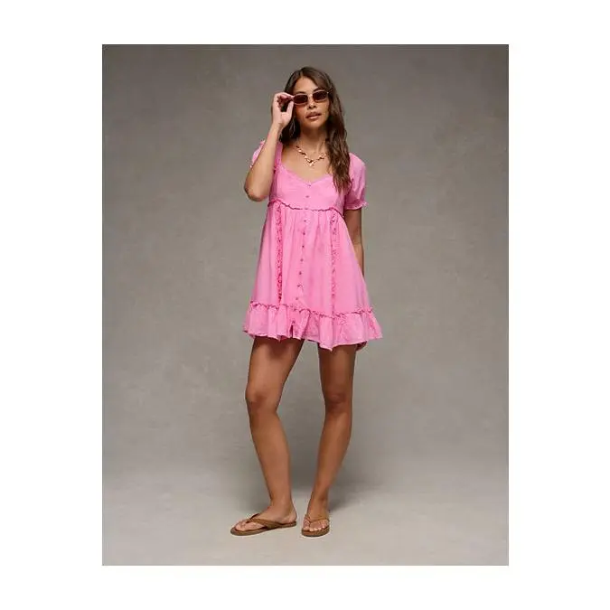 AE Babydoll Puff-Sleeve Embroidered Mini Dress