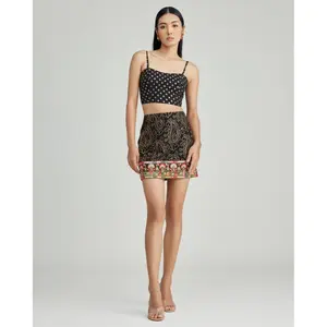 Eva Mini Skirt - Black Embroidered Georgette with Gold Zari & Resham Work, High Rise Fit
