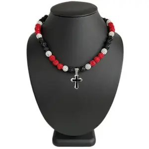 Iced Bling Disco Ball Rhinestone Crystal Beaded Baseball Drip Red White Black Necklace + Iced Cross Pendant