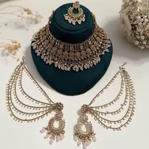 Pink Polki Indian Bridal Jewelry Set: Necklace, Earrings, Sahara & Maang Tikka
