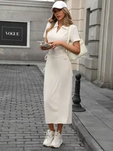 Elegant Women's Solid Color Polo Neck Short Sleeve Dress, Adjustable Waist Tie Design, Casual Summer, Office Wear