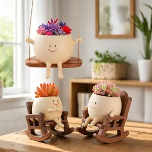 Smily Face Planter Pot Cute Resin Flower Head Planters for Indoor Outdoor Unique Sit Rocking Chair Succulent Pots Gift IdeaI for Mother and Appreciation Christmas with Drainage Hole