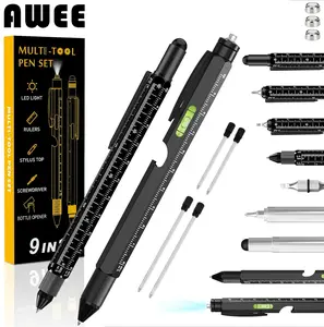 AWEE 9 in 1 Multitool Pen, Tools Cool Gadgets,with LED Light,Ruler, Stylus,Bubble Level,Screwdrivers,Office Gift. Valentines Day Gifts for Him, Innovative Gift for Men,Unique Gifts Gadgets for Him,Boyfriend,Husband，Dad Gifts for Fathers Day